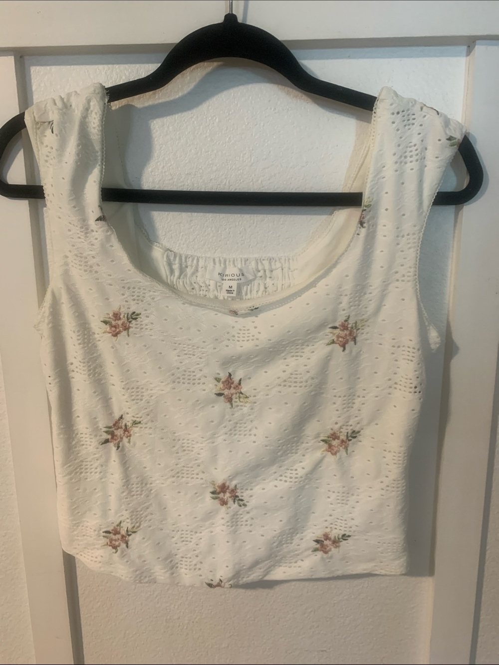 White Eyelet Crop Top with Pink Floral Embroidery